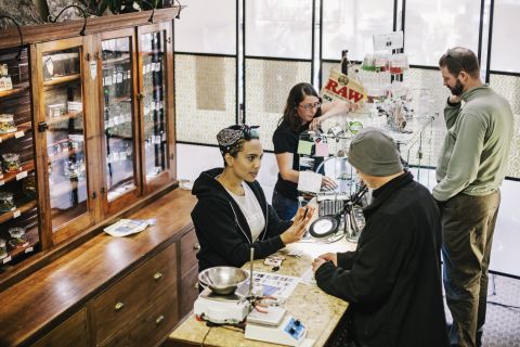 Beej Jackson, left, and Amber Bacca serve customers in Evergreen Apothecary in Denver. In 2012, 55% of Colorado voters said yes to legalizing recreational marijuana.