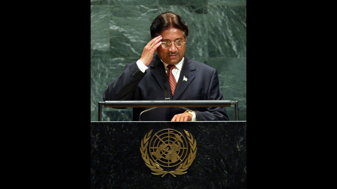 Musharraf salutes before his speech at the United Nations General Assembly in 2003.
