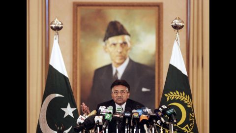 Musharraf speaks to the press in November 2007, days after he declared a state of emergency in the country. Musharraf suspended Pakistan's constitution, imposed restrictions on the press and postponed the January 2008 elections. He said he did so to stabilize the country and to fight rising Islamist extremism. His action drew sharp criticism from democracy advocates, and Pakistanis openly called for his ouster.