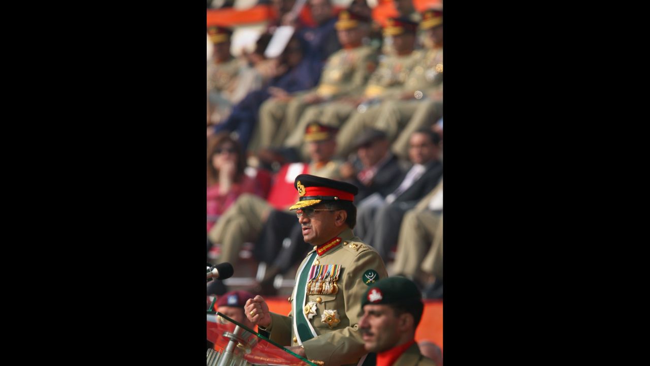 Musharraf speaks at a change-of-command ceremony in Rawalpindi on November 28, 2007. Musharraf stepped down as leader of Pakistan's army a day before he was to be sworn in as president for the third time.