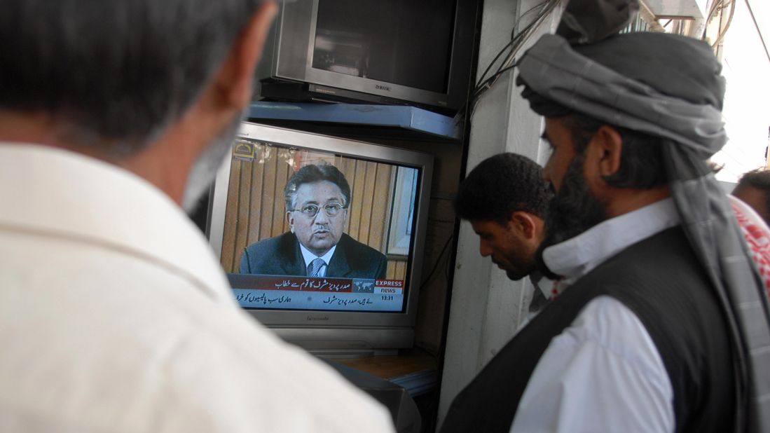 Men in Quetta, Pakistan, watch as Musharraf announces his resignation as president on August 18, 2008. A month earlier, the Pakistan Supreme Court issued notice that Musharraf would have to defend himself on charges of violating the constitution by declaring emergency rule in November 2007.