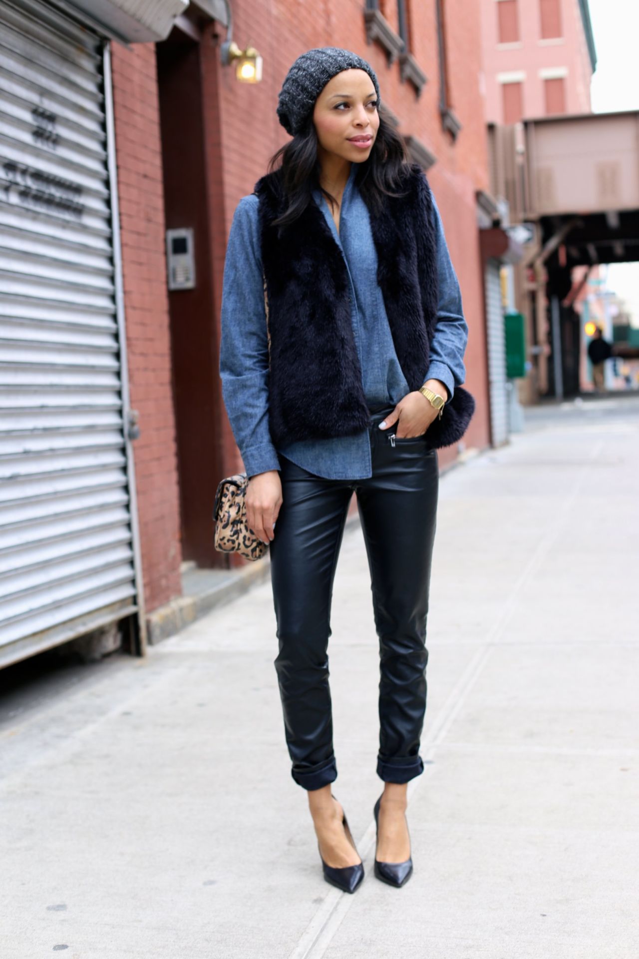 "Black leather skinnies, a dark denim button down and classic black pumps are staples in an urban woman's wardrobe," Lloyd says.