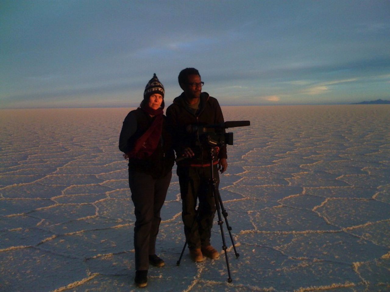Pegi Vail (left) and Melvin Estrella, "Gringo Trails" cinematographer and co-producer respectively, shooting on the Bolivian salt flats.