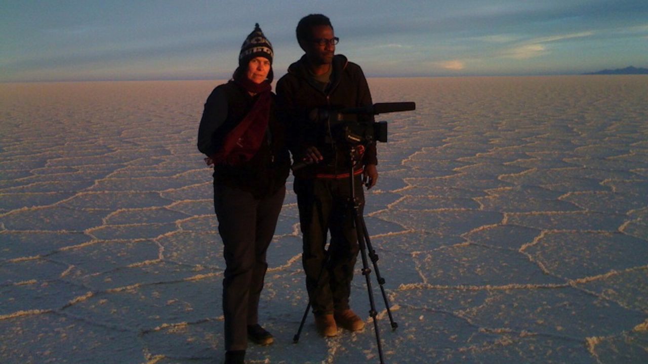 Pegi Vail (left) and Melvin Estrella, "Gringo Trails" cinematographer and co-producer respectively, shooting on the Bolivian salt flats.