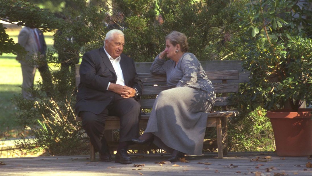 Serving as foreign minister, Ariel Sharon talks with U.S. Secretary of State Madeleine Albright during the October 1998 Middle East peace summit in Maryland.