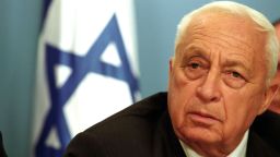 29 Mar 2002, Jerusalem, Israel --- Israeli Prime Minister Ariel Sharon appears before the media at his office in Jerusalem to announce a widespread army operation against what he called Palestinian terrorism. Sharon said that Israel now considers Arafat an enemy and that he will be completely isolated "at this stage.'' Sharon added "I want to tell you that already, at this moment, Israel Defencs Force (IDF) forces are in Arafat's headquarters, the center of Arafat's control in Ramallah." --- Photo by Shaul Schwarz/Corbis Sygma ---