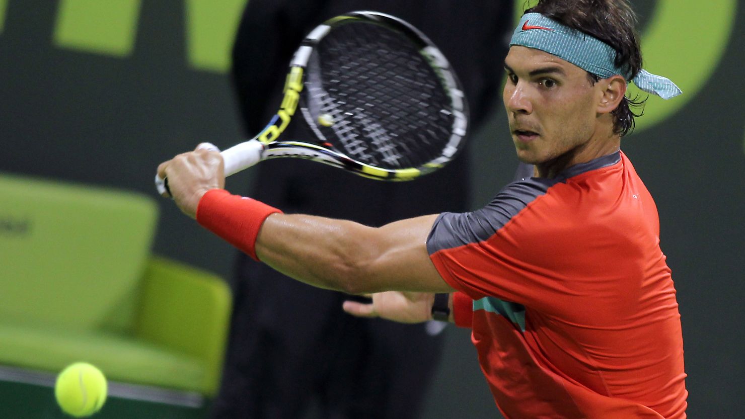 Rafael Nadal plays a backhand during hs battling straight sets win over Ernests Gulbis in the Qatar Open quarterfinals. 