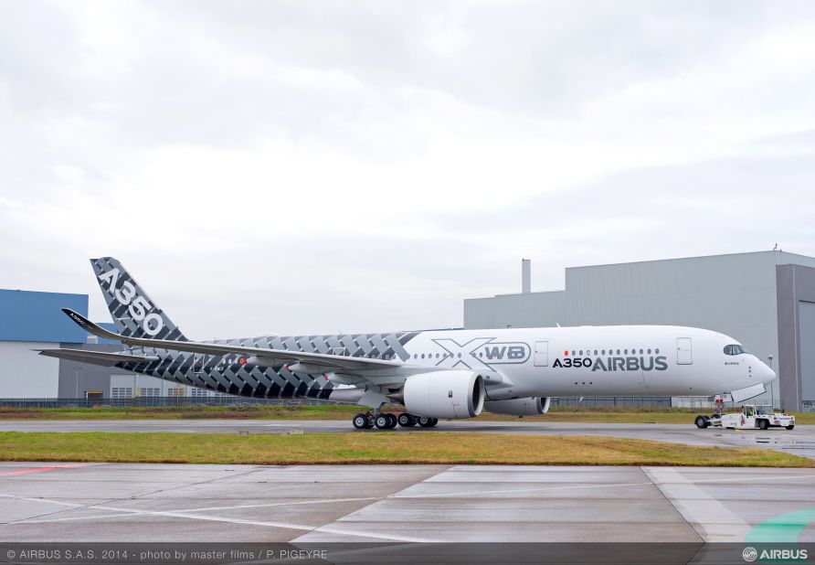 The third A350 XWB test plane with a 'carbon' livery unveiled at Airbus HQ in Toulouse on January 2, 2014. 