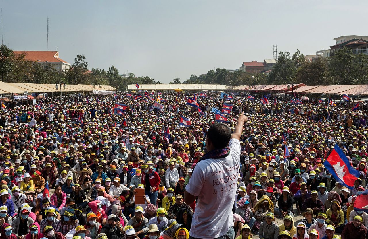 A Cambodia National Rescue Party supporter address crowds at Freedom Park on December 29, 2013 in Phnom Penh, Cambodia.