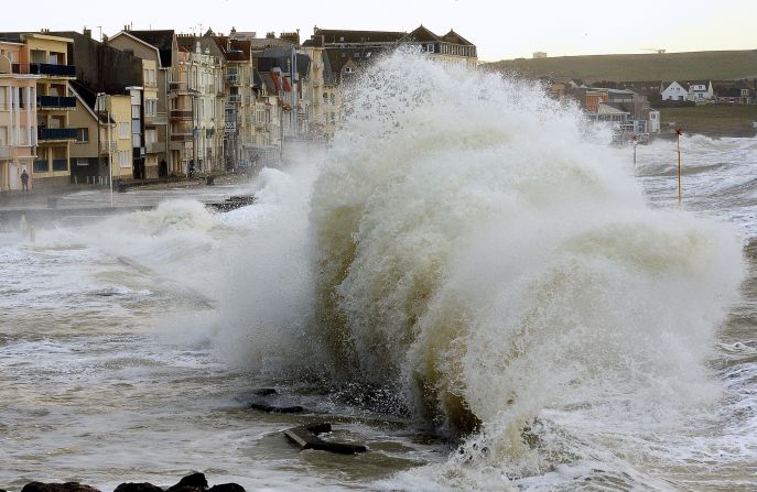 Waves batter the sea wall at Wimereux, France, on January 3.