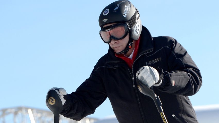 Russian president Vladimir Putin to the slopes of Sochi during a pre Olympic Winter Games visit to the Black Sea resort.