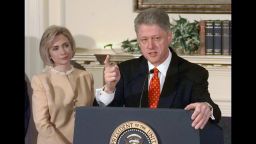 UNITED STATES - JANUARY 26:  President Clinton with First Lady Hillary Rodham Clinton speaking on Monica Lewinsky scandal in the Roosevelt Room at the White House.  (Photo by Harry Hamburg/NY Daily News Archive/Getty Images)