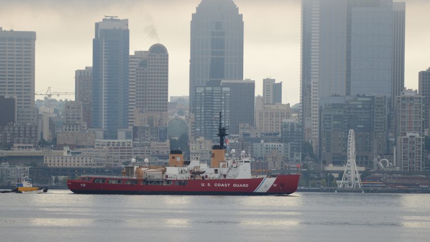 the Coast Guard Cutter Polar Star, a 399-foot Polar Icebreaker home-ported in Seattle, steams across Elliot Bay toward Seattle's Vigor Shipyard after being deployed for more than two months, August 8, 2013.
