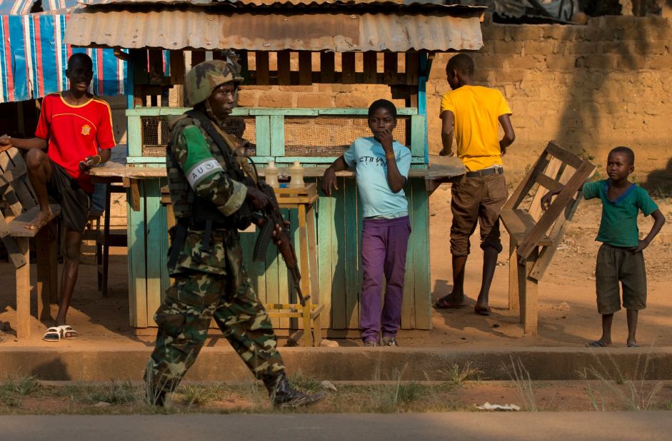 An African Union peacekeeper from Burundi participates in a joint patrol with French forces in the Fouh neighborhood of Bangui on Janurary 4.