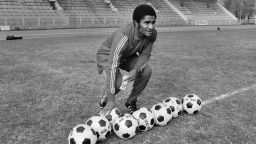 A file picture taken on October 30, 1973 in the Bois de Boulogne shows former Portuguese football legend Eusebio da Silva Ferreira, more commonly known as Eusebio, posing with soccer balls. Eusebio, who was the 1965 European Footballer of the Year and considered one of the best footballers of all time and best ever from Portugal, died at age 71 on January 5, 2014. AFP PHOTO (Photo credit should read STAFF/AFP/Getty Images)