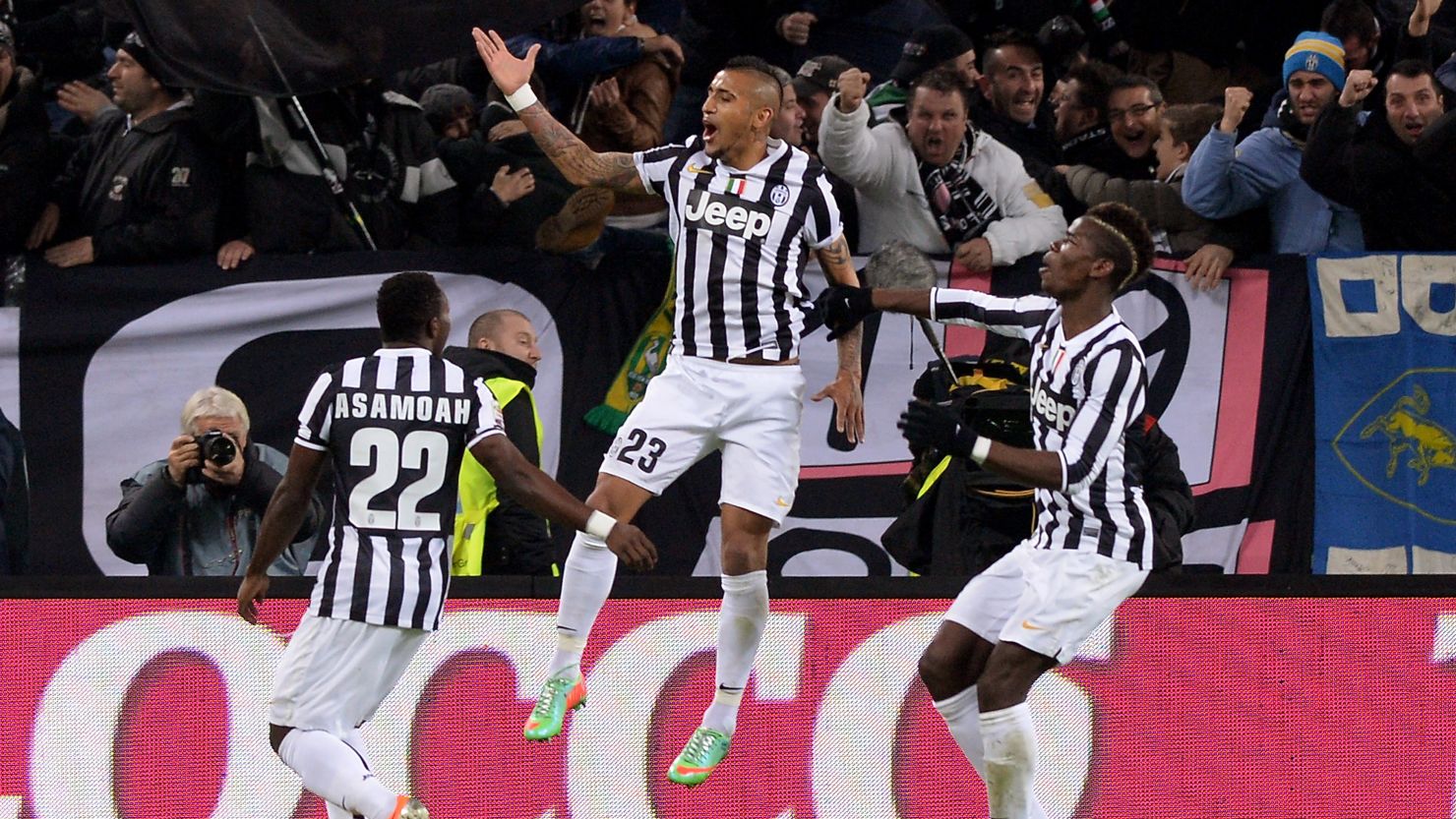 Arturo Vidal, middle, leaps in the air after scoring Juventus' first goal Sunday against Roma. 