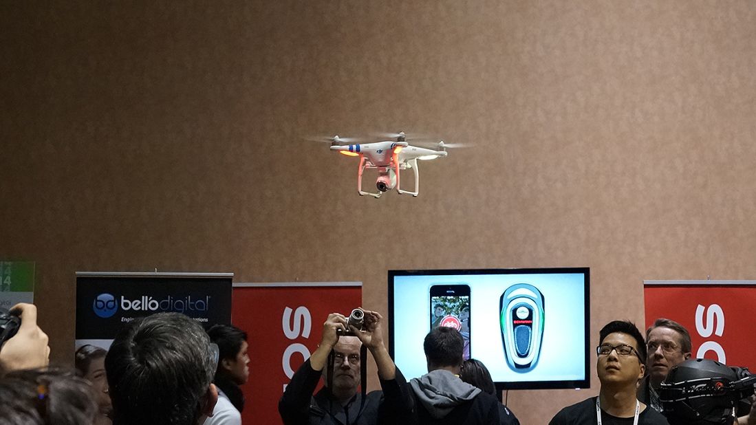 The Phantom 2 Vision drone from DJI Innovations has a built-in camera and a smartphone app, and can fly up to 400 feet into the air.