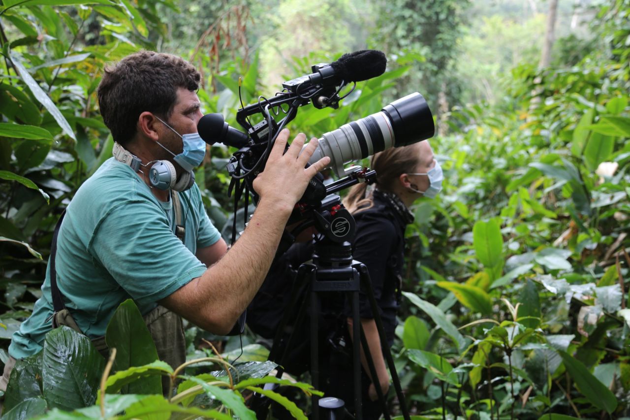 Arwa Damon and photographer Peter Rudden filming the critically endangered Western Lowland Gorilla.