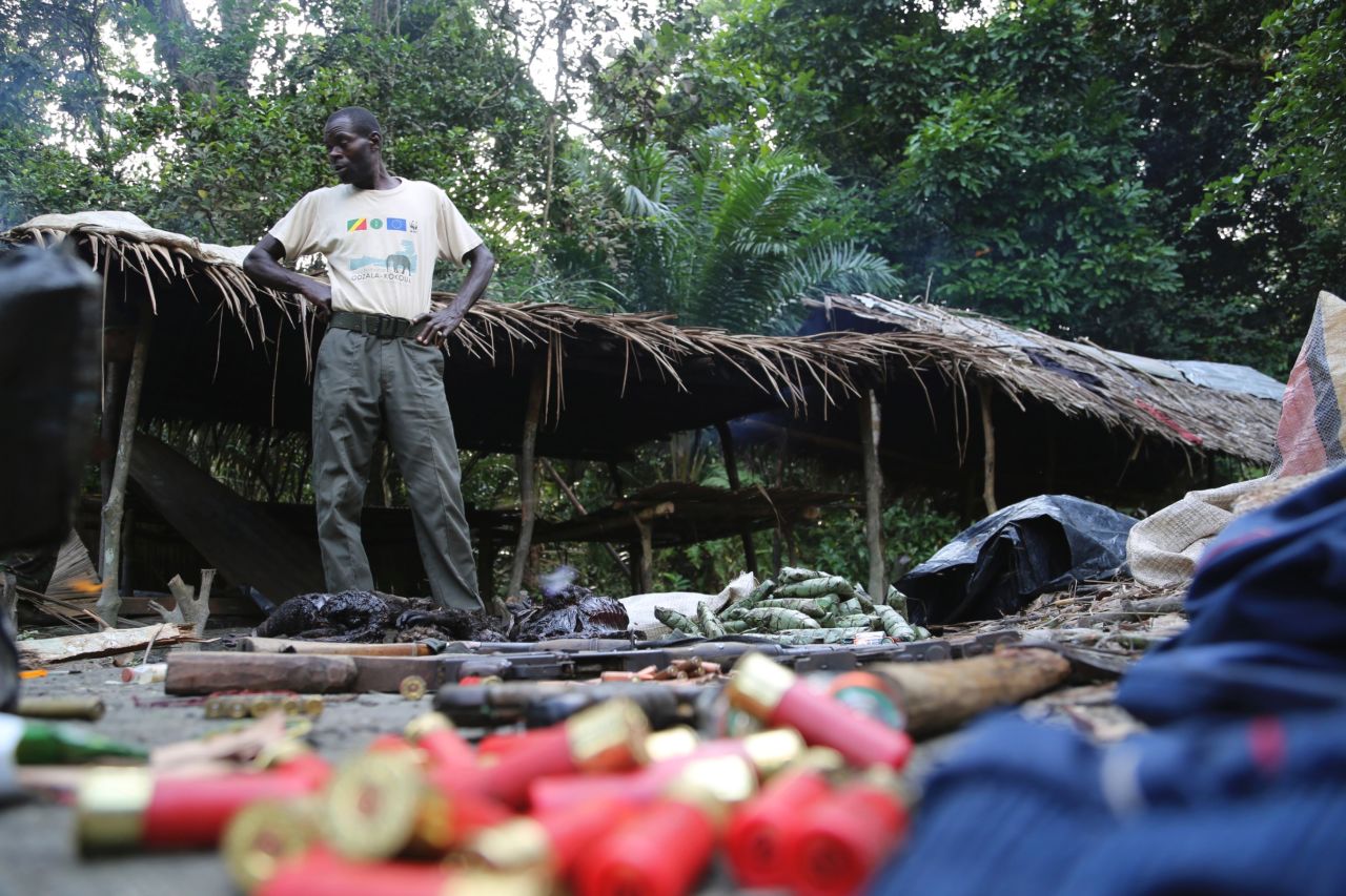 Guns, ammunition, bushmeat and other supplies found by Eco Guards at an active poacher's camp.