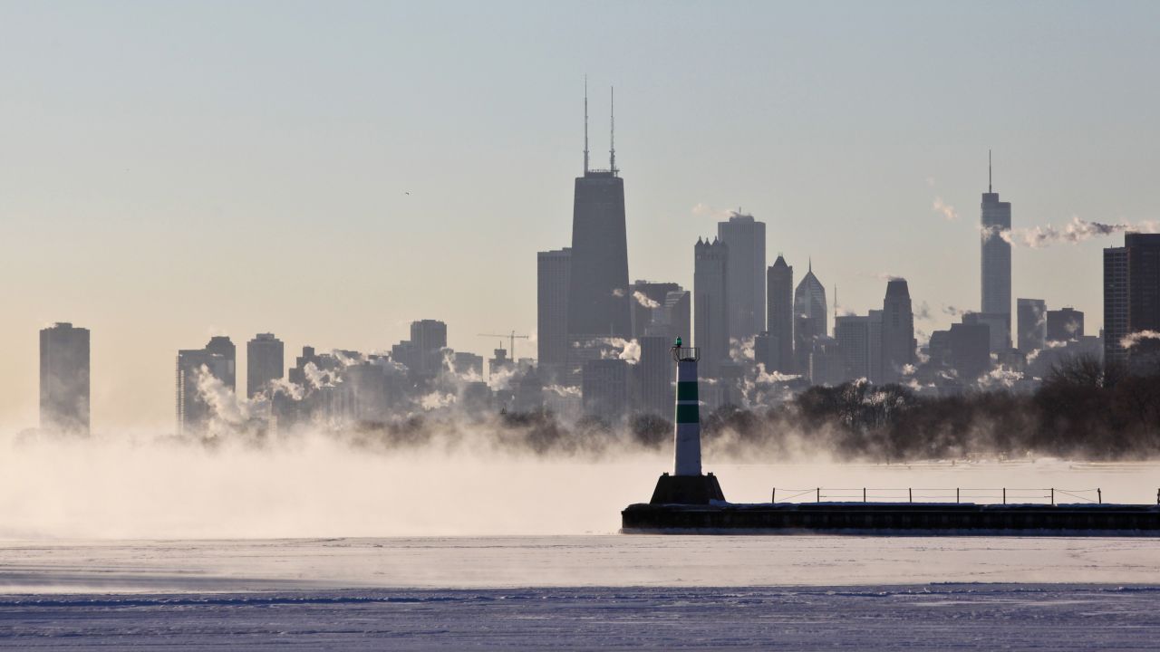 A blanket of fog covers Lake Michigan along the Chicago shoreline January 6.