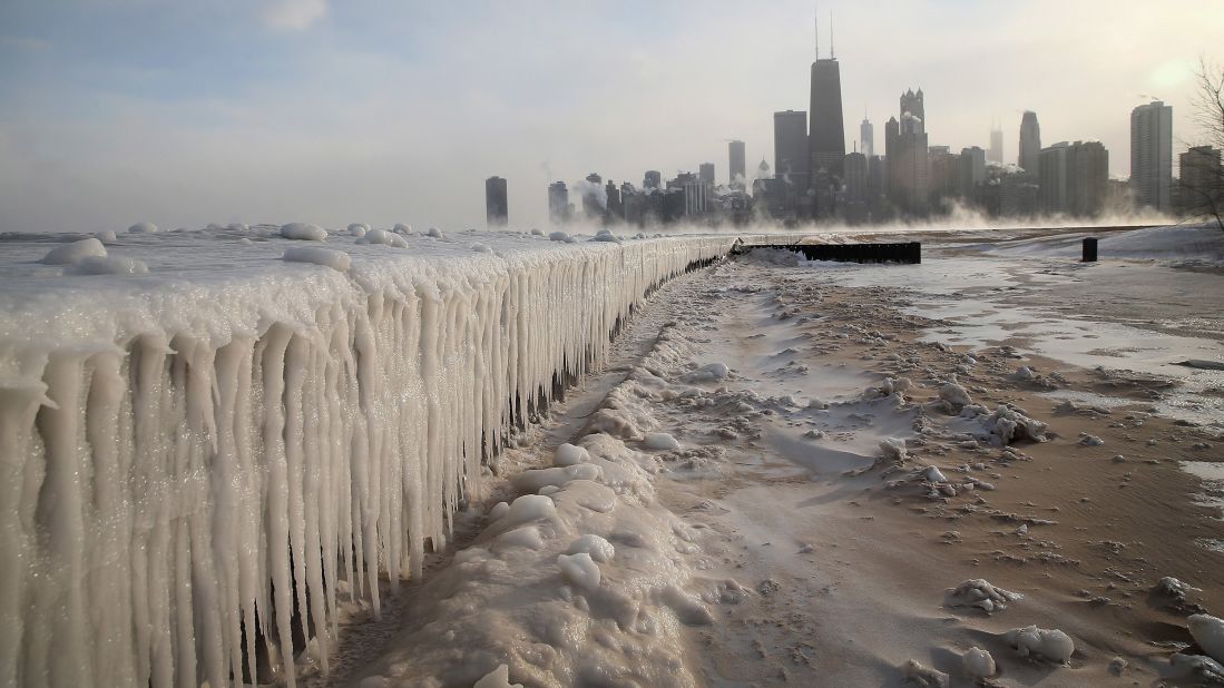 Ice builds up along Lake Michigan at Chicago's North Avenue Beach on Monday, January 6.
