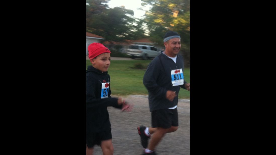 Michael Joe Frausto Jr., a single father in Knox City, Texas, took up running as a way to spend time with his two kids, including his 10-year-old son, Michael Joe Frausto III, who did a 5K race with his dad. "I've always instilled in both children (that) with effort, so much more in life can be accomplished," he said.