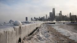 Ice builds up along Lake Michigan at North Avenue Beach as temperatures dipped well below zero on January 6, 2014 in Chicago, Illinois.