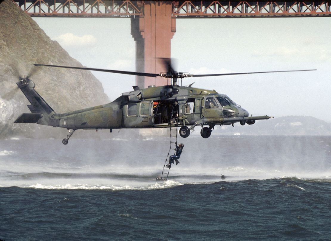 This file photo shows a U.S. Air Force HH-60G Pave Hawk helicopter on a training mission in 2011.