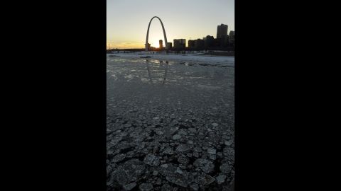 Ice in the Mississippi River flows past the Gateway Arch in St. Louis on January 7.