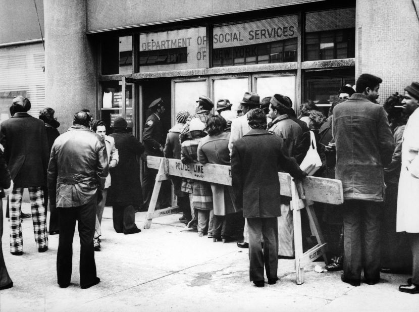 Unemployed Americans stand in line at a New York welfare office in 1974. Economic crises gripped the country in the early '70s and, in many ways, dampened America's focus on the war on poverty.