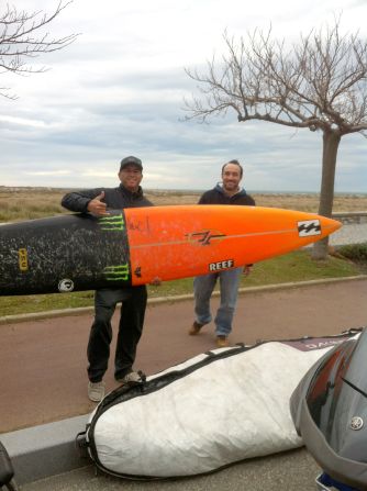 American pro surfer Shane Dorian (left) flew in from his home in Hawaii for a rare chance to tackle the Belharra break in France.