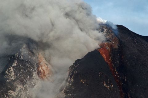 Mount Sinabung spews ash and lava during an eruption. 