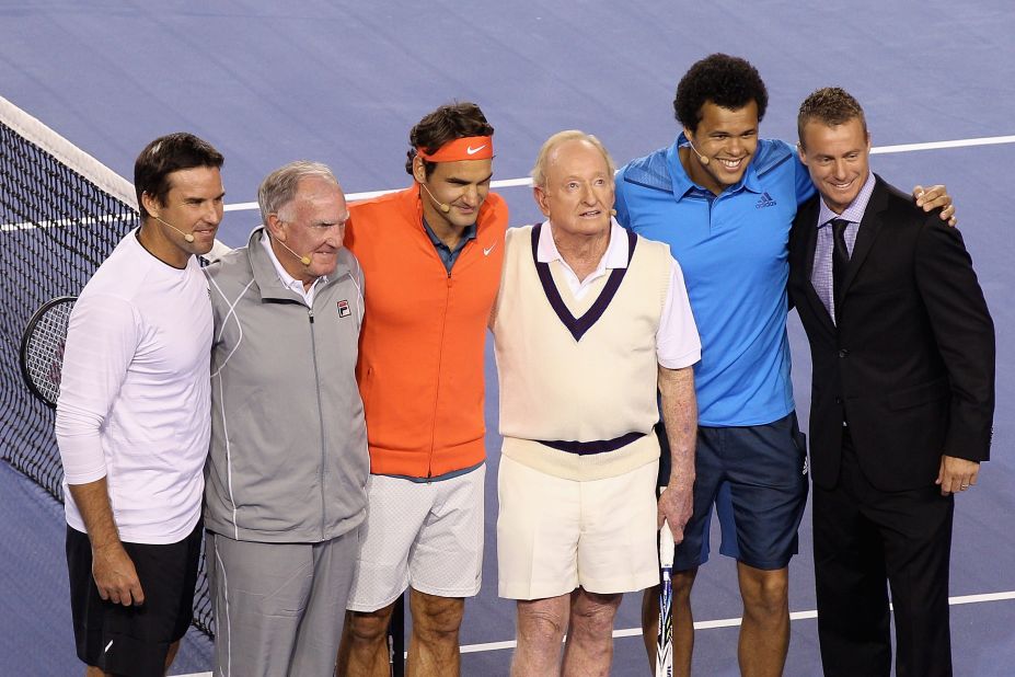A host of stars turned out to raise money for the Roger Federer Foundation. From left to right, Pat Rafter, Tony Roche, Federer, Laver, Jo-Wilfried Tsonga and Lleyton Hewitt pose for the cameras.