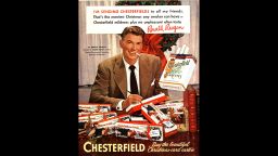 Ronald Reagan, then a popular actor, is seen in an early 1950's  holiday advertisement for Chesterfield cigarettes.