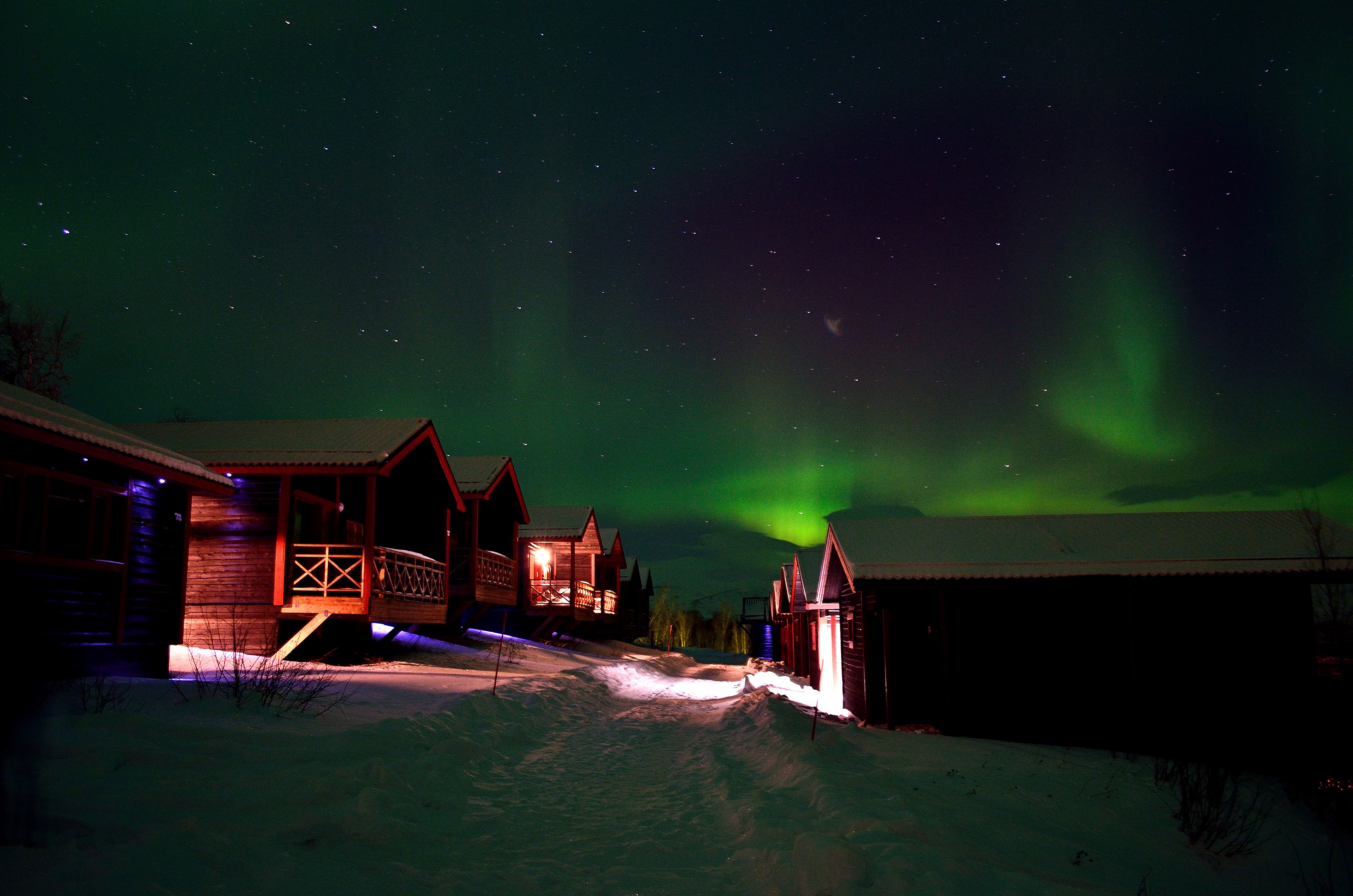 Visitors to Björkliden can stay in a hotel or one of 80 luxury cabins. 