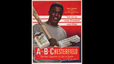 Ground-breaking baseball player Jackie Robinson endorses Chesterfield cigarettes in this 1940s advertisement.