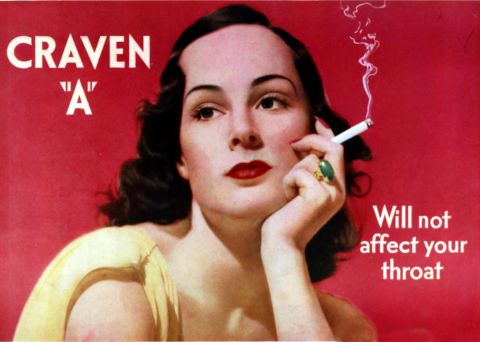 Some early smoking advertisements, like this one for Craven "A" cigarettes, claimed their products wouldn't affect the throat.
