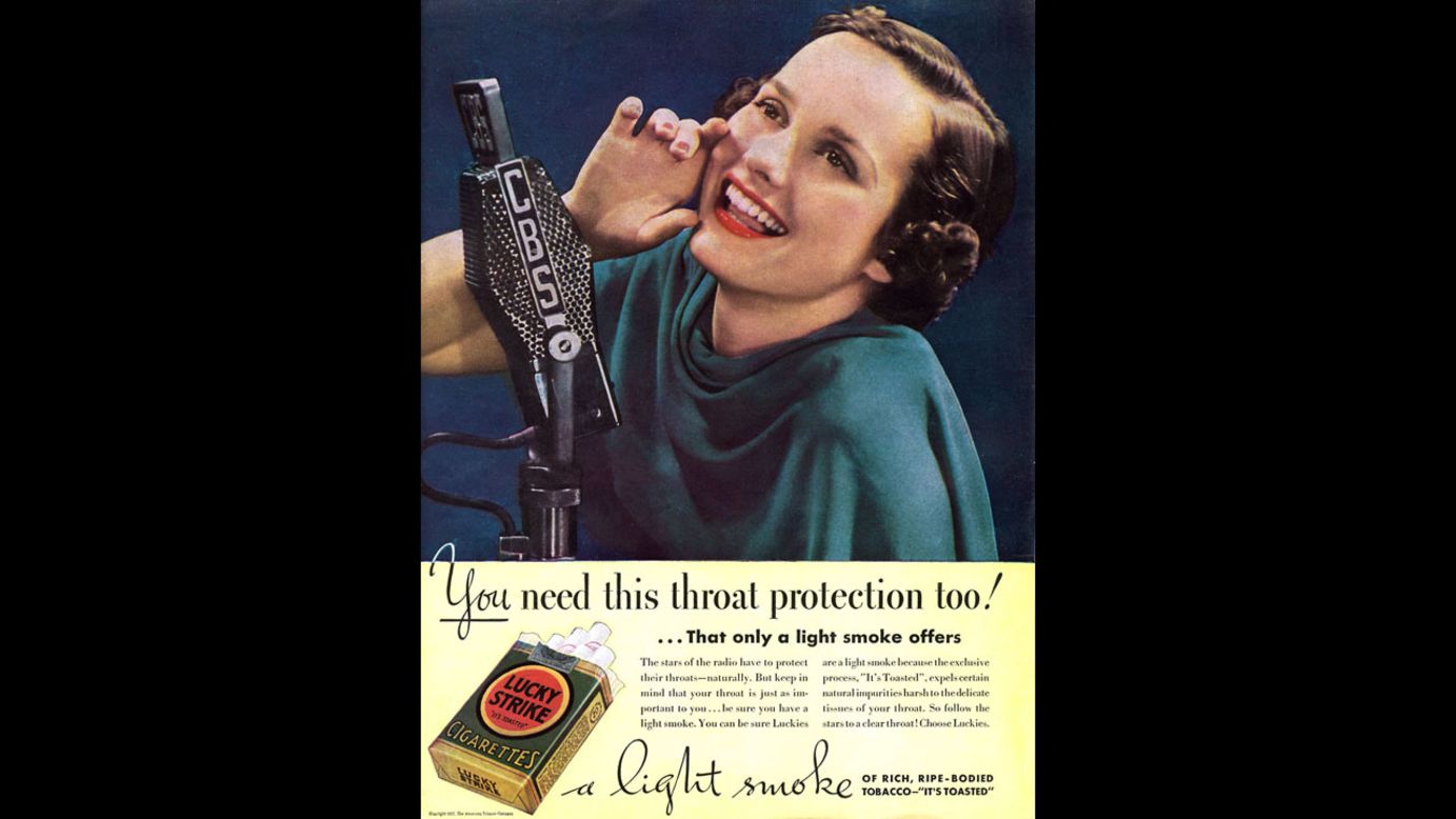This advertisement for Lucky Strike cigarettes says their "light smoke" offers throat protection.