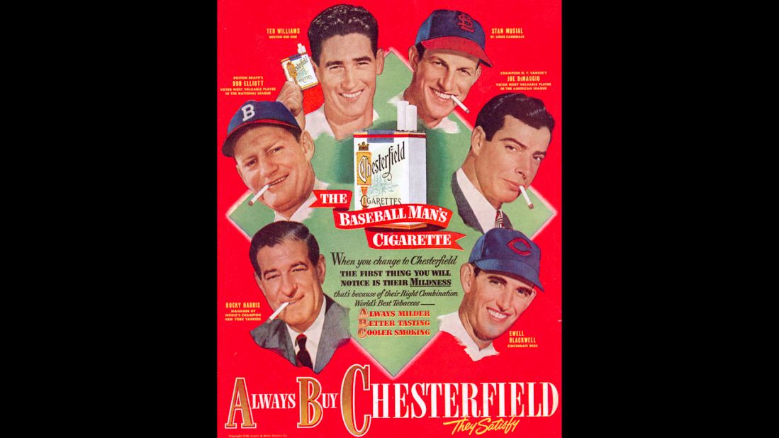 Baseball players Ted Williams, Stan Musial, Joe DiMaggio, Jackie Jensen, Bucky Harris and Ewell Blackwell advertise Chesterfield cigarettes in a magazine ad from around 1950.