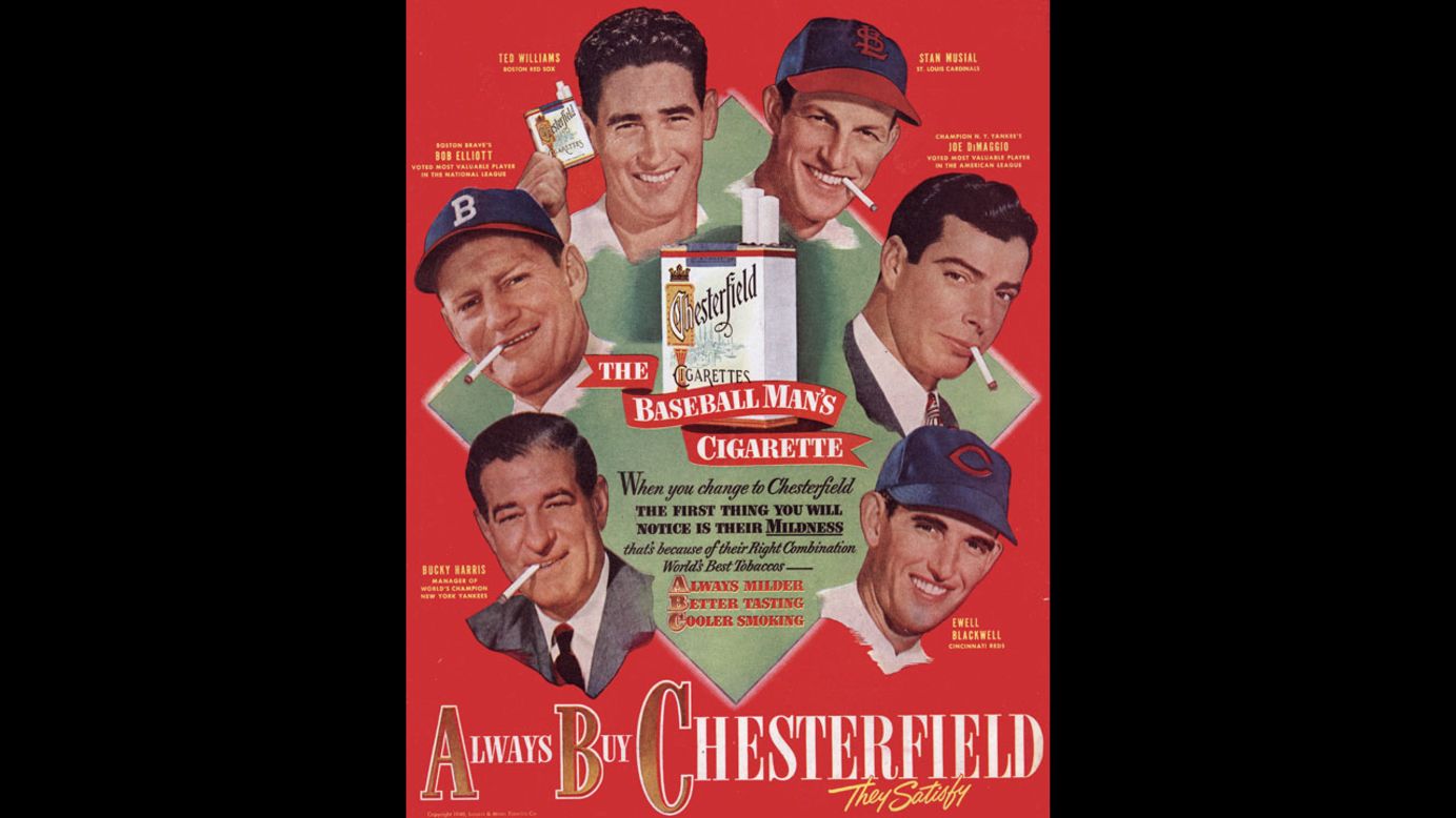 Baseball players Ted Williams, Stan Musial, Joe DiMaggio, Jackie Jensen, Bucky Harris and Ewell Blackwell advertise Chesterfield cigarettes in a magazine ad from around 1950.
