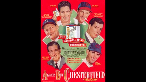 Baseball players Ted Williams, Stan Musial, Joe DiMaggio, Jackie Jensen, Bucky Harris and Ewell Blackwell advertise Chesterfield cigarettes in a magazine ad from around 1950.