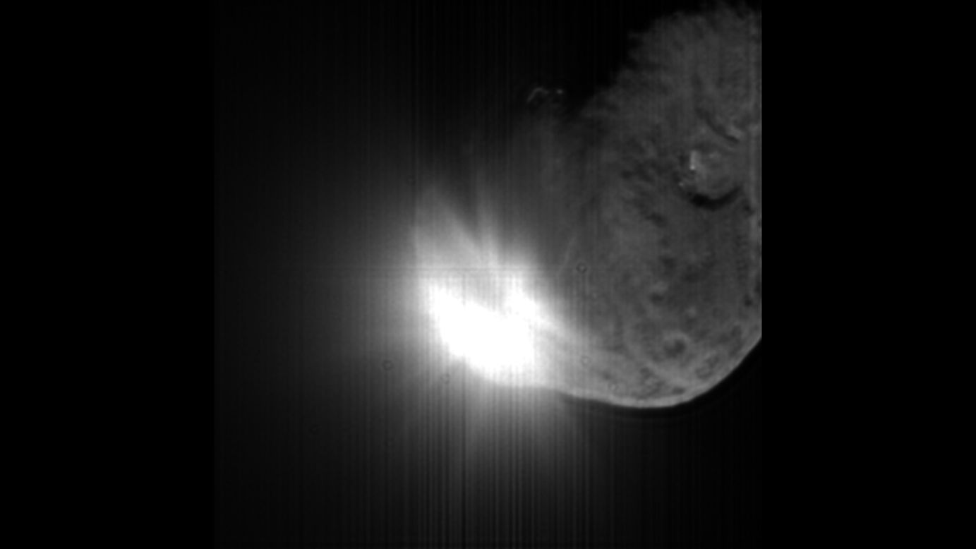 Rosetta's probe Philae will be the first probe to make a soft landing on a comet, but in 2005, NASA's Deep Impact probe successfully collided with Comet 9P/Tempel 1. This image was taken by the spacecraft's high-resolution camera 13 seconds after impact. The image has been digitally processed to better show the comet's nucleus.