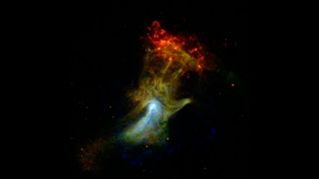 Is that a giant hand waving at us? Actually, it's what's left of a star that died and exploded a long time ago. Astronomers nicknamed it the "Hand of God." <a href="http://www.jpl.nasa.gov/spaceimages/details.php?id=PIA17566" target="_blank" target="_blank">NASA's Nuclear Spectroscopic Telescope Array, or NuSTAR</a>, took this image in high-energy X-rays, shown in blue. The image was combined with images from another space telescope, the Chandra X-ray Observatory. 