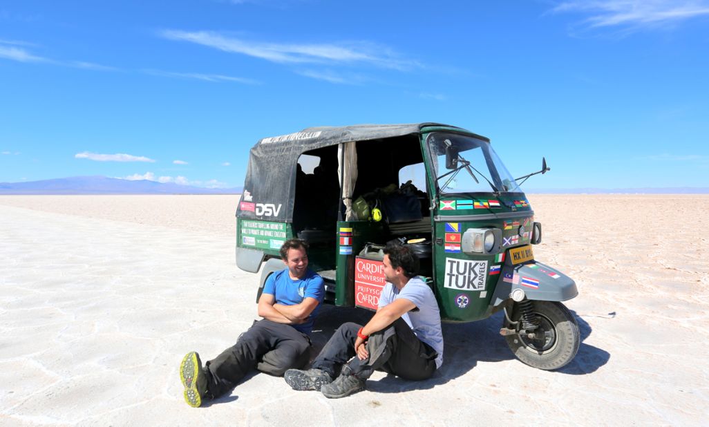 Teachers Nick Gough (right) and Richard Sears (leftt) set off on their global odyssey from London in August 2012 to raise awareness of global education issues. In December 2013, they crossed into Argentina -- the last country of their  42,120-kilometer journey. 