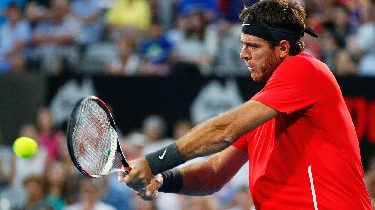 Juan Martin del Potro unleashes another powerful backhand drive during his win over Australia's Bernard Tomic.