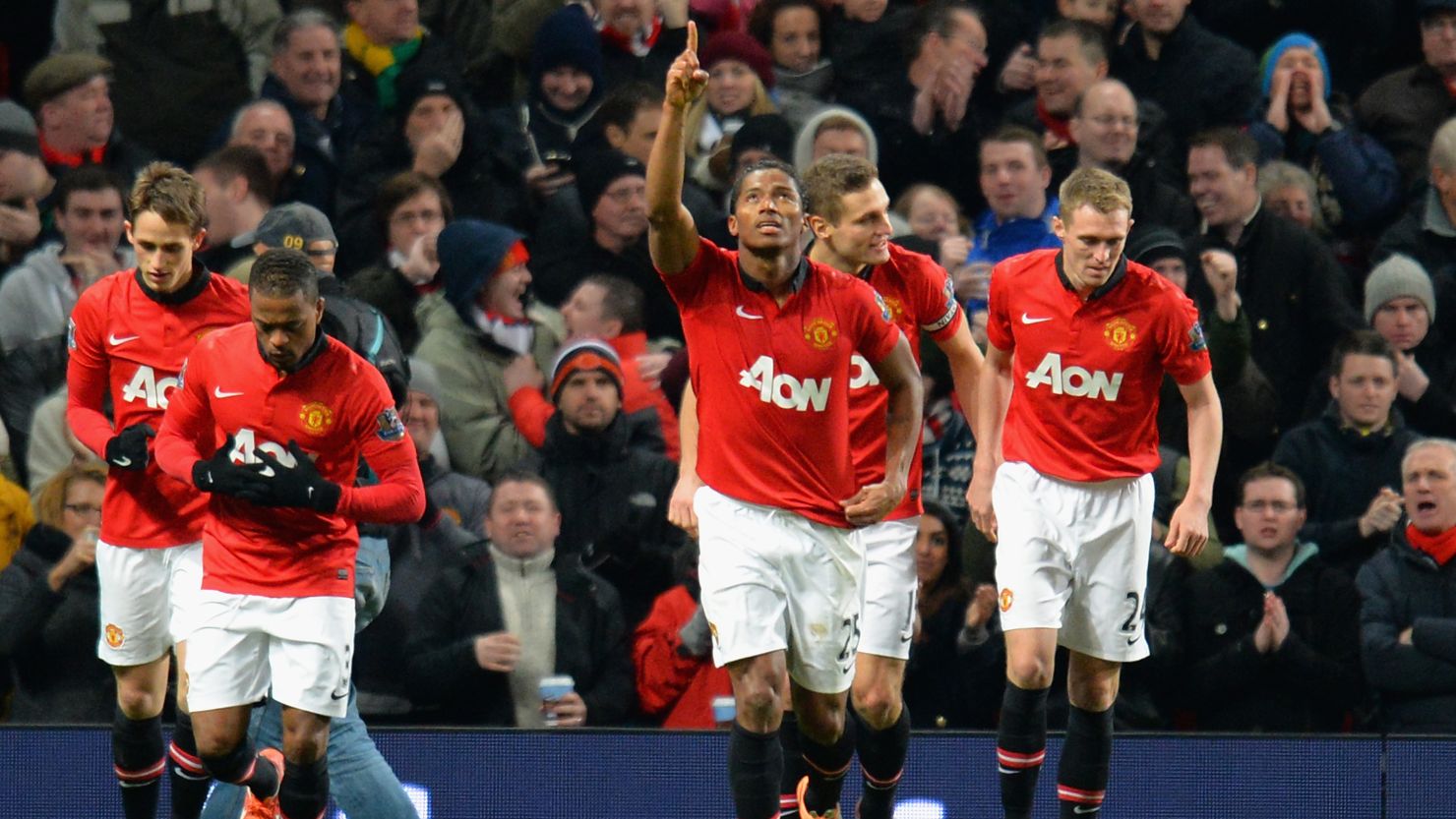 Antonio Valencia points to the heavens after scoring Manchester United's opening goal against Swansea City on Saturday.