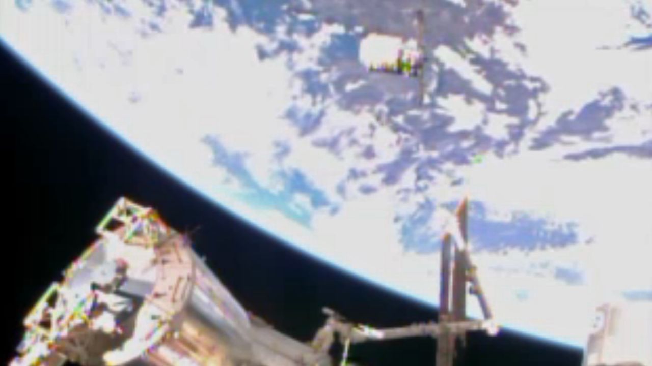In this image from video from NASA the Cygnus resupply spacecraft approaches the International Space Station early Sunday.