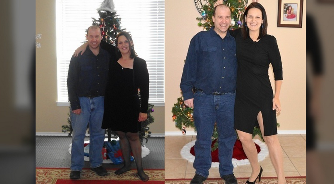 Kern poses with her brother at Christmas time in 2012, on the left, and 2013, on the right.