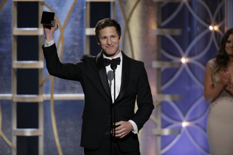 Andy Samberg accepts the award for best actor in a comedy TV series. His show "Brooklyn Nine-Nine" also won best series in its category.