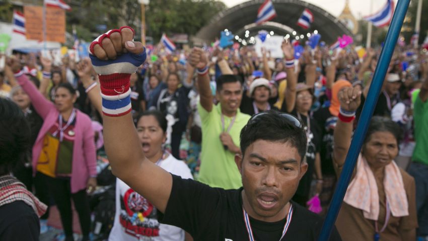Anti-government People's Democratic Reform Committee (PDRC) protesters demonstrate at the democracy monument on January 12, 2014 in Bangkok, Thailand.
